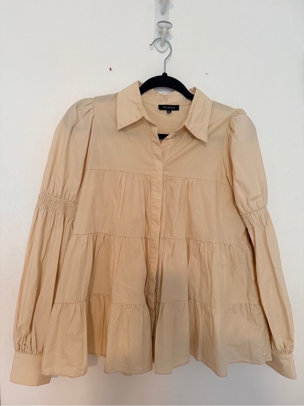 En Saison Beige Tiered Button-Down Blouse